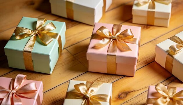 Pastel colored gift boxes with gold ribbon bows scattered on wooden table for holiday celebration.