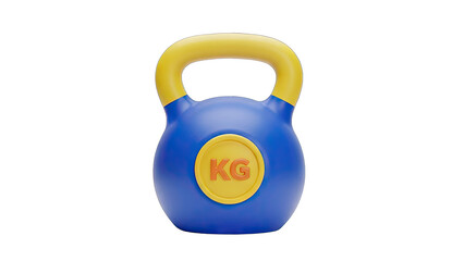 Blue Kettlebell With Yellow Handle And Red KG Logo On Transparent Background Isolated Studio Shot