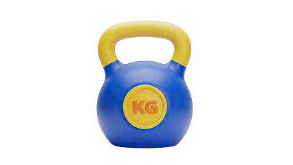 Blue Kettlebell With Yellow Handle And Red KG Logo On Transparent Background Isolated Studio Shot