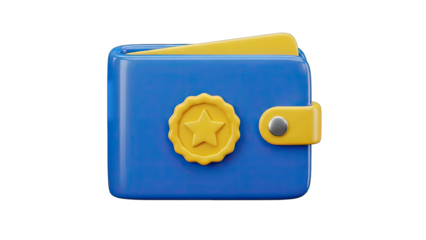 Blue Leather Bifold Wallet with Yellow Accent and Star Emblem Featuring Two Yellow Cards Inside on a Transparent Background