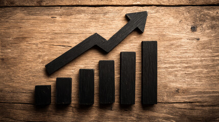 Black wooden bar graph with an upward pointing arrow on a rustic wooden surface