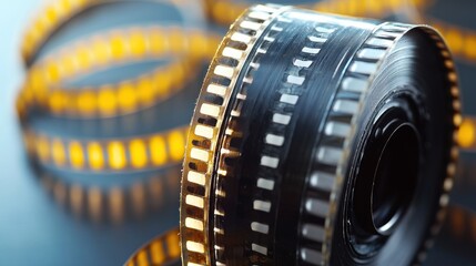 A roll of film with yellow and black stripes on a dark background.