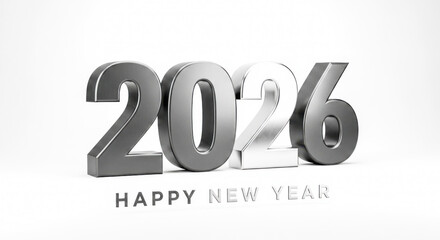 Three dimensional metallic silver and grey 2026 text with happy new year celebration. isolated on white background, Vector