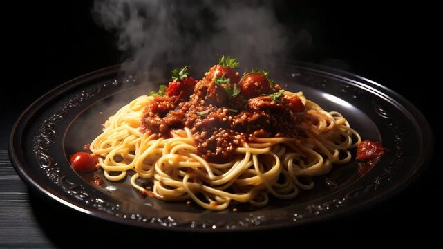 Hot spaghetti with meat sauce on plate 