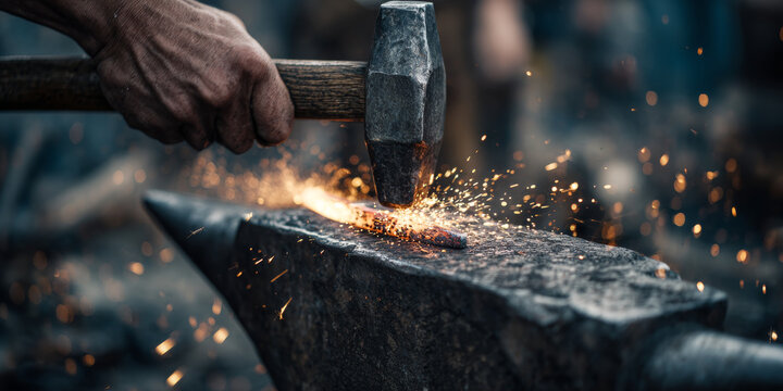 Blacksmith hammering hot metal on an anvil with sparks flying in workshop setting - Powered by Adobe