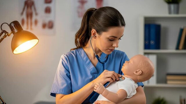 Woman in scrubs uses stethoscope on infant medical dummy for training in a doctor office with anatomical chart.