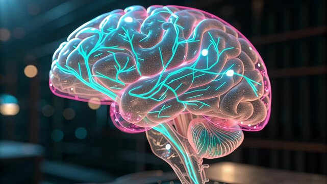 Transparent human body motion with brain layers concept. A vivid illustration of a brain showcasing neural connections in a 3D space.