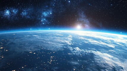 A vast expanse of Earth's surface, with a bright light source in the distance, casting a glow over the planet's horizon.