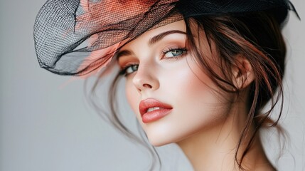 A woman with dark hair and a black hat, wearing a pink and orange feathered headpiece, against a white background.