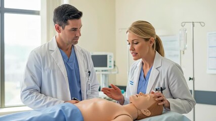 Man doctor and woman doctor demonstrating medical procedure on human body dummy for medical training and teaching in clinic or hospital.