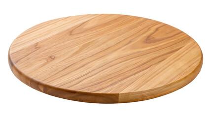 Polished round wooden cutting board with natural grain texture, clean and empty, isolated on transparent background