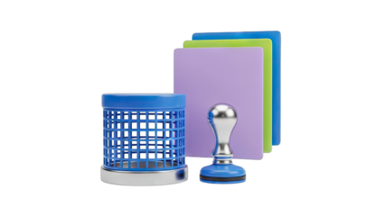 Blue Office Desk Organizer with Silver Stamp and Stacked Pastel Folders on Transparent Background 3D Render