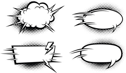 Comic speech bubble vector set featuring dynamic halftone effects, action-style frames, empty dialogue shapes, and expressive elements for cartoons, comics, and graphic storytelling © MstMukta