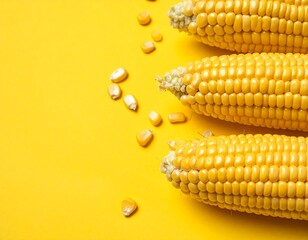 Close-up of three ears of ripe corn with loose kernels, arranged against yellow background