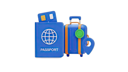 Blue Passport With Credit Card And Orange Suitcase With Green Pin On Transparent Background Travel Concept And International Trip