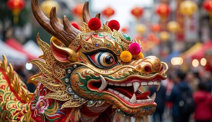 Close up look of dragon's head, focused on ornament and detail with blurred background.