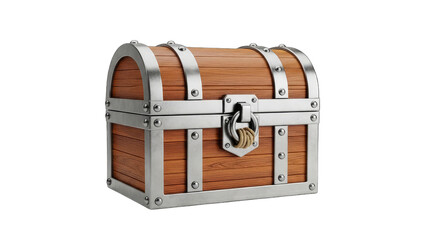 Antique Wooden Treasure Chest with Metal Accents and Padlock Isolated on a Transparent Background High Detail Photorealistic Render