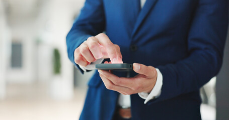 Scroll, info and hands with smartphone, office and financial analysis on web, employee and research. Browsing, app and person with mobile for business growth, project and investment banker with tech