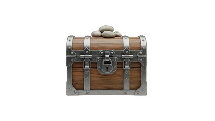 Antique Wooden Treasure Chest with Metal Accents and Rocks on Top Detailed Close-Up Studio Shot Isolated on Transparent Background