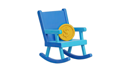 Blue Rocking Chair with Golden Coin Symbolizing Financial Security and Wealth on a Transparent Background