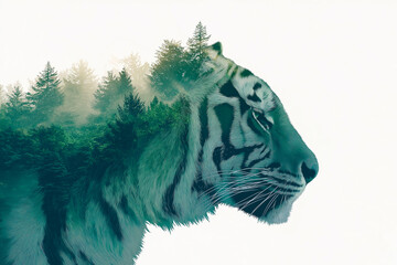 A beautiful minimalist double exposure art piece featuring a majestic tiger and a lush forest