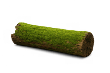 Old fallen tree log covered in vibrant green moss on transparent background showing nature, forest, and ecosystem elements