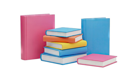 Arrangement Of Stacked Colorful Books In Blue Orange Yellow And Pink Colors With Pages Visible Isolated On Transparent Background Vibrant Objects For Education Or Reading Concepts
