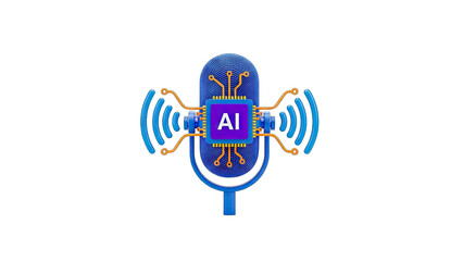 Artificial Intelligence Microphone Icon With Blue Sound Waves And Circuit Board Details On...