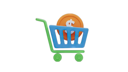 Blue Shopping Cart With Green Handle Contains Orange Coin With Dollar Sign On Transparent Background