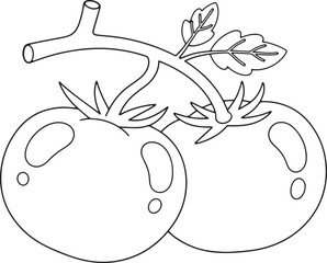 
Fresh tomatoes with stem and leaves, vegetable illustration in black and white line art outline style for coloring page or kitchen design.