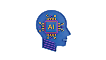 Blue Silhouette of a Human Head Filled with an AI Microchip and Circuitry Against a Black Background