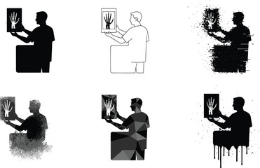 X-ray examination silhouette styles, medical diagnostic poses, artistic healthcare scenes, vector set, editable stroke, professional concept, black and white design
