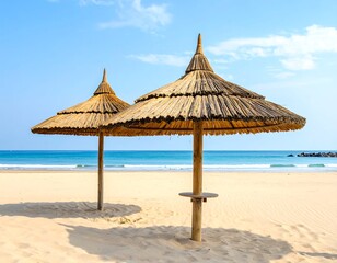 Two straw beach umbrellas on sandy shore