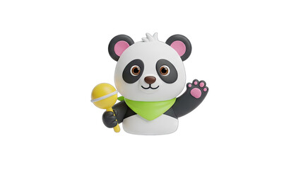 Adorable Cartoon Panda Waving Hello Holding a Yellow Rattle Wearing a Green Bandana With a Transparent Background © prihtiyan