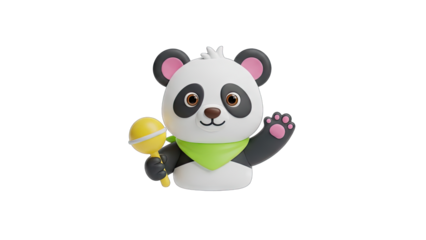 Adorable Cartoon Panda Waving Hello Holding a Yellow Rattle Wearing a Green Bandana With a Transparent Background