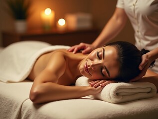 Fototapeta premium A woman receiving a professional relaxation back massage in a serene spa room with soft lighting and towels