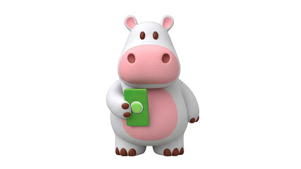 Adorable cartoon white hippo character with pink accents and green accent holding a green object with a circular detail, isolated on a transparent background, digitally rendered