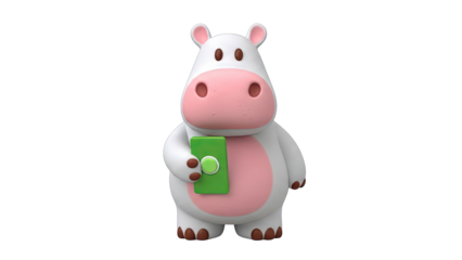 Adorable cartoon white hippo character with pink accents and green accent holding a green object with a circular detail, isolated on a transparent background, digitally rendered