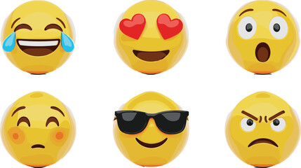 Emoji facial expression vector set featuring happy, love, surprised, cool, angry, and shy faces, colorful emoticon illustrations for chat, social media, and digital design