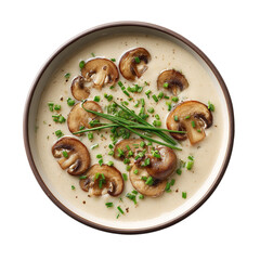 Creamy mushroom soup with bread, featuring a mushroom puree with slices of mushrooms on top. Served in bowl on a wooden background.