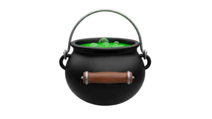 Black Cauldron Filled with Bubbling Green Potion and Wooden Hand on Transparent Background