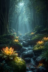 Bioluminescent Fantasy Forest with Glowing Mist
