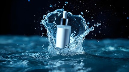 Cosmetic bottle splashing water, dynamic liquid motion, elegant skincare product advertising, clean beauty concept