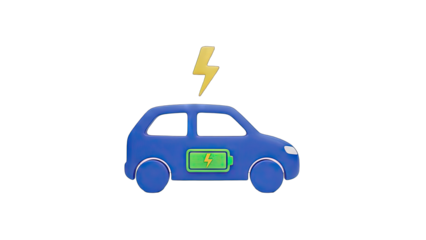 Blue Electric Car Symbol Charging With Yellow Lightning Bolt Icon And Green Battery Indicator On Transparent Background