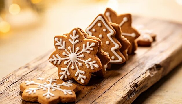 Delicious gingerbread cookies arranged on a rustic wooden board for christmas baking and holiday celebrations.