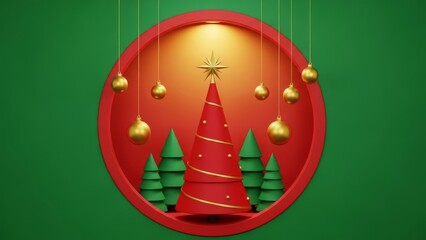 Festive 3d rendering of a stylized red christmas tree surrounded by green pines and hanging golden ornaments against a vibrant background