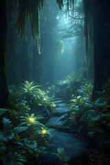 Bioluminescent Fantasy Forest with Glowing Mist
