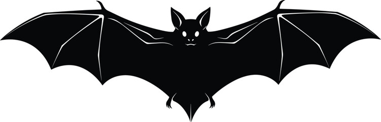 Flying bat silhouette vector illustration featuring outstretched wings, spooky Halloween style, bold black shapes, and dramatic nocturnal animal design elements