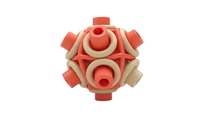An Abstract 3D Geometric Structure Composed of Red and Tan Cylindrical and Circular Elements Against a Transparent Background