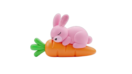 Adorable Pink Cartoon Bunny Rabbit Sleeping Peacefully on a Bright Orange Carrot Against a Transparent Background with Soft Lighting and Simple 3D Rendered Style